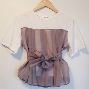 Chiffon Gray Overlay Patchwork 2 in 1 Fake Corset White T Shirt With Belt Small